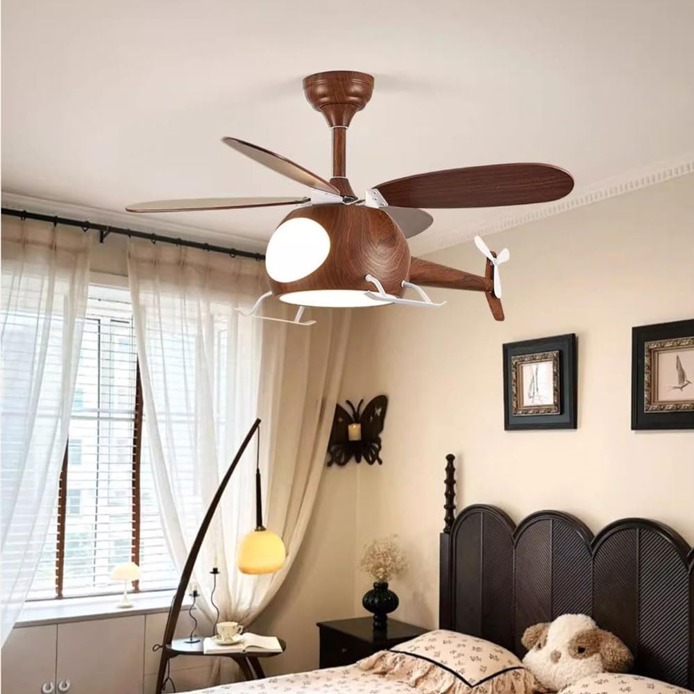 Children's Bedroom Ceiling Fan With Lights,Dimmable Kids Room Cartoon Ceiling Fan Lamp,Helicopter Model Wood Grain Airplane Pendant Light Decoration Fixtures,Remote Control Speed,Hydrographic Printing
