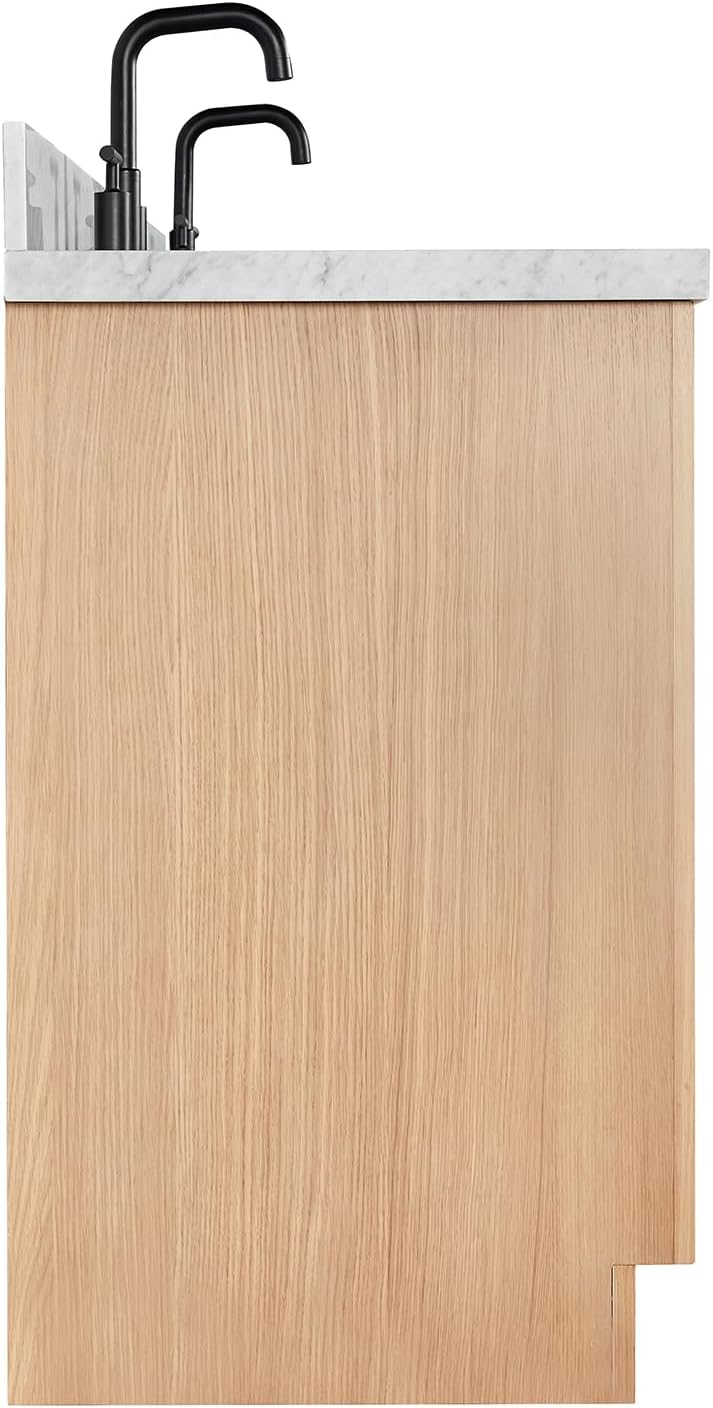 ARIEL Hepburn 66-inch Bathroom Vanity with Sink,Solid Wood, 1.5-inch Italian Carrara Marble Countertop, Double Rectangular Porcelain Sink, 4 Soft Closing Doors, 6 Dovetail Drawers, White Oak