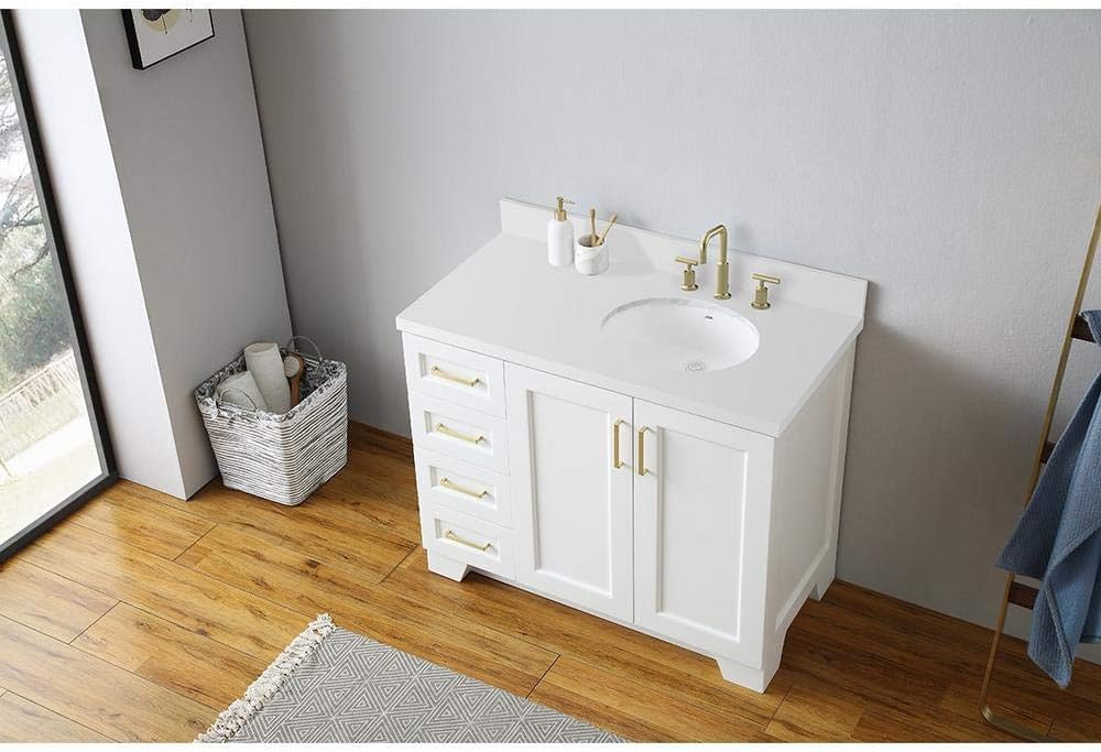 ARIEL Taylor 42-inch Bathroom Vanity with Sink,Solid Wood, 1.5-inch Pure White Quartz Countertop & Backsplash, Single Oval Porcelain Sink, 2 Soft Closing Doors, 5 Dovetail Drawers, White