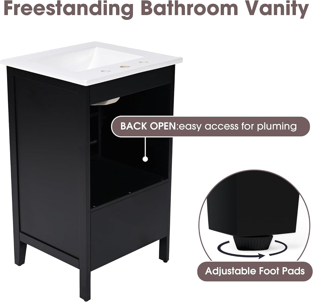 20-inch Bathroom Vanity with Sink Combo, Free-Standing Single Bathroom Storage Cabinet with Soft Closing Door, Storage Rack, and Drawer, Vanity with Ceramic Basin for Bathroom (Black)