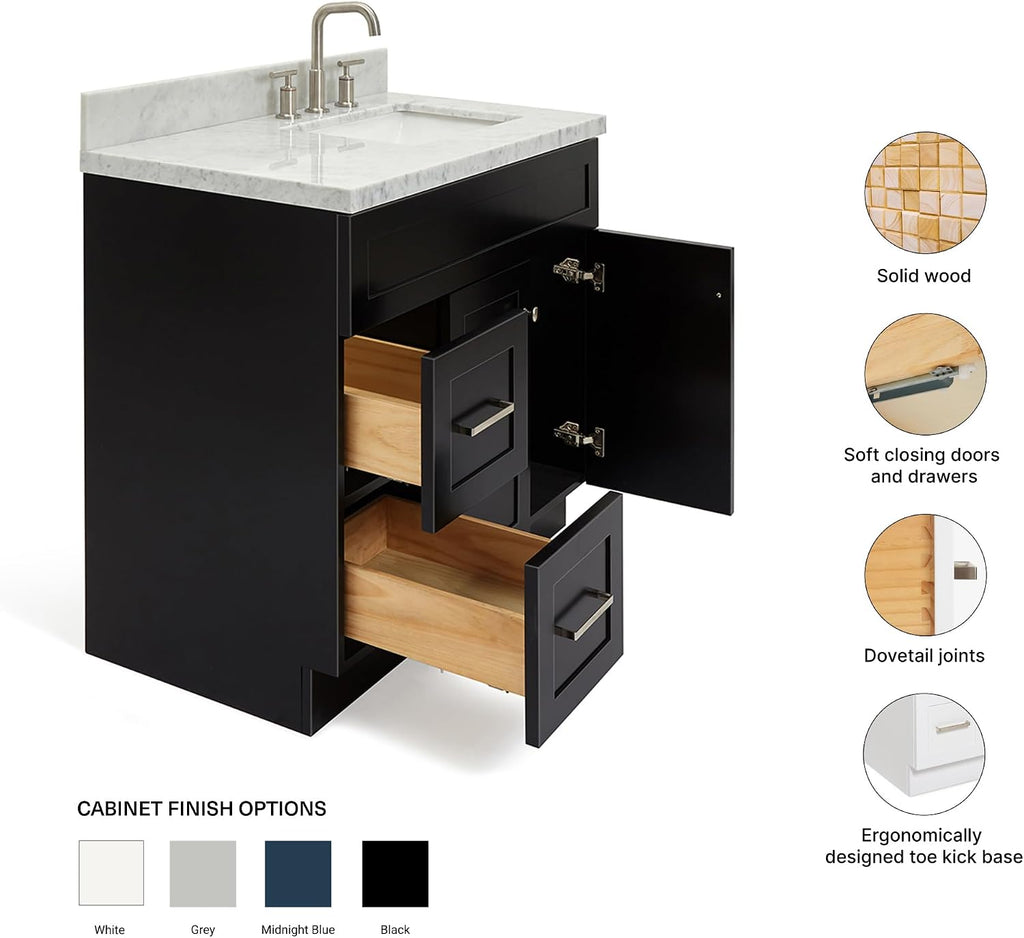 ARIEL Hamlet 36-inch Bathroom Vanity with Sink,Solid Wood, 1.5-inch Italian Carrara Marble Countertop, Single Rectangular Porcelain Sink, 2 Soft Closing Doors, 2 Dovetail Drawers, Black