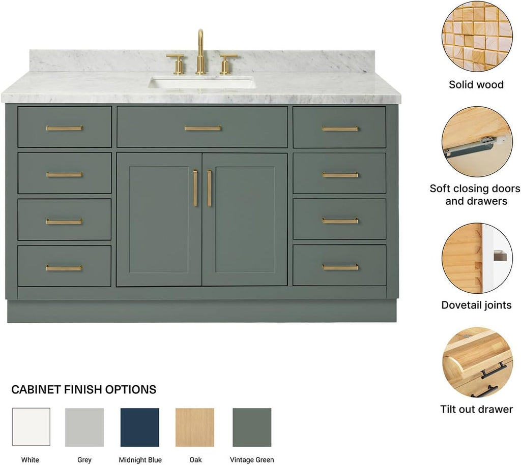 ARIEL Hepburn 60-inch Bathroom Vanity with Sink,Solid Wood, 1.5-inch Italian Carrara Marble Countertop, Single Rectangular Porcelain Sink, 2 Soft Closing Doors, 9 Dovetail Drawers, Vintage Green