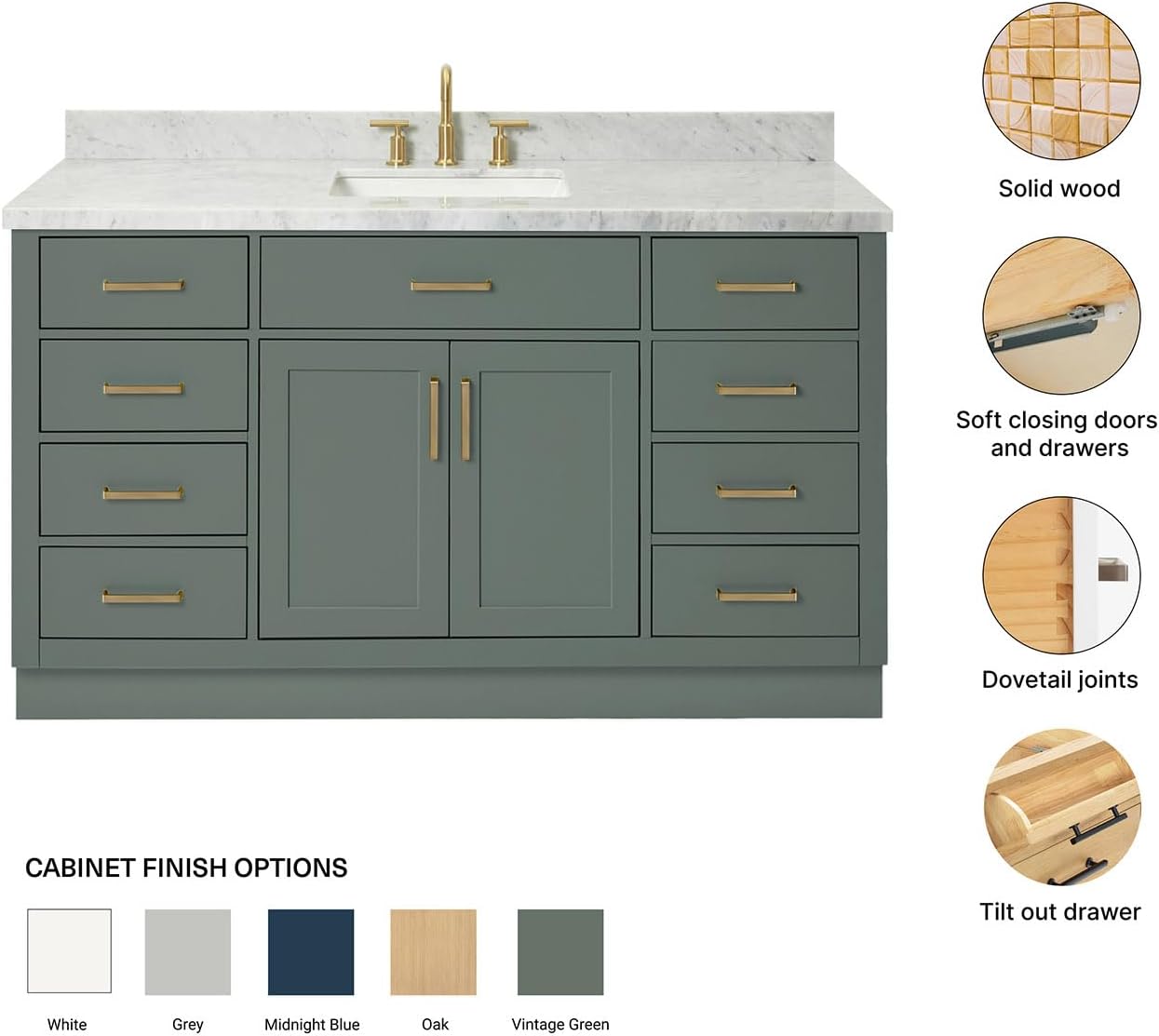 ARIEL Hepburn 60-inch Bathroom Vanity with Sink,Solid Wood, 1.5-inch Italian Carrara Marble Countertop, Single Rectangular Porcelain Sink, 2 Soft Closing Doors, 9 Dovetail Drawers, Vintage Green