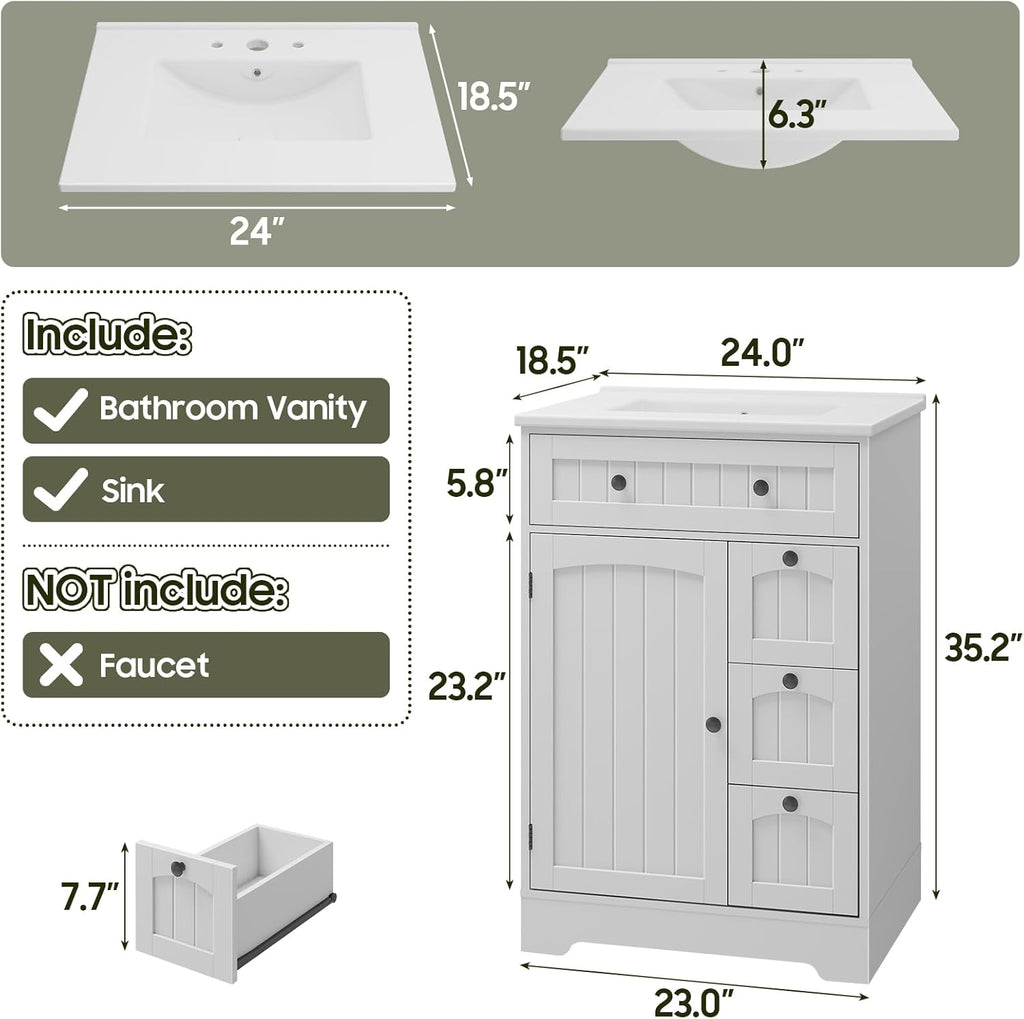 Vabches Bathroom Vanity with Sink Combo, Freestanding Bathroom Storage Cabinet with 4 Drawers and Sliding Door, Vintage Vanity Cabinet with Ceramic Sink, White