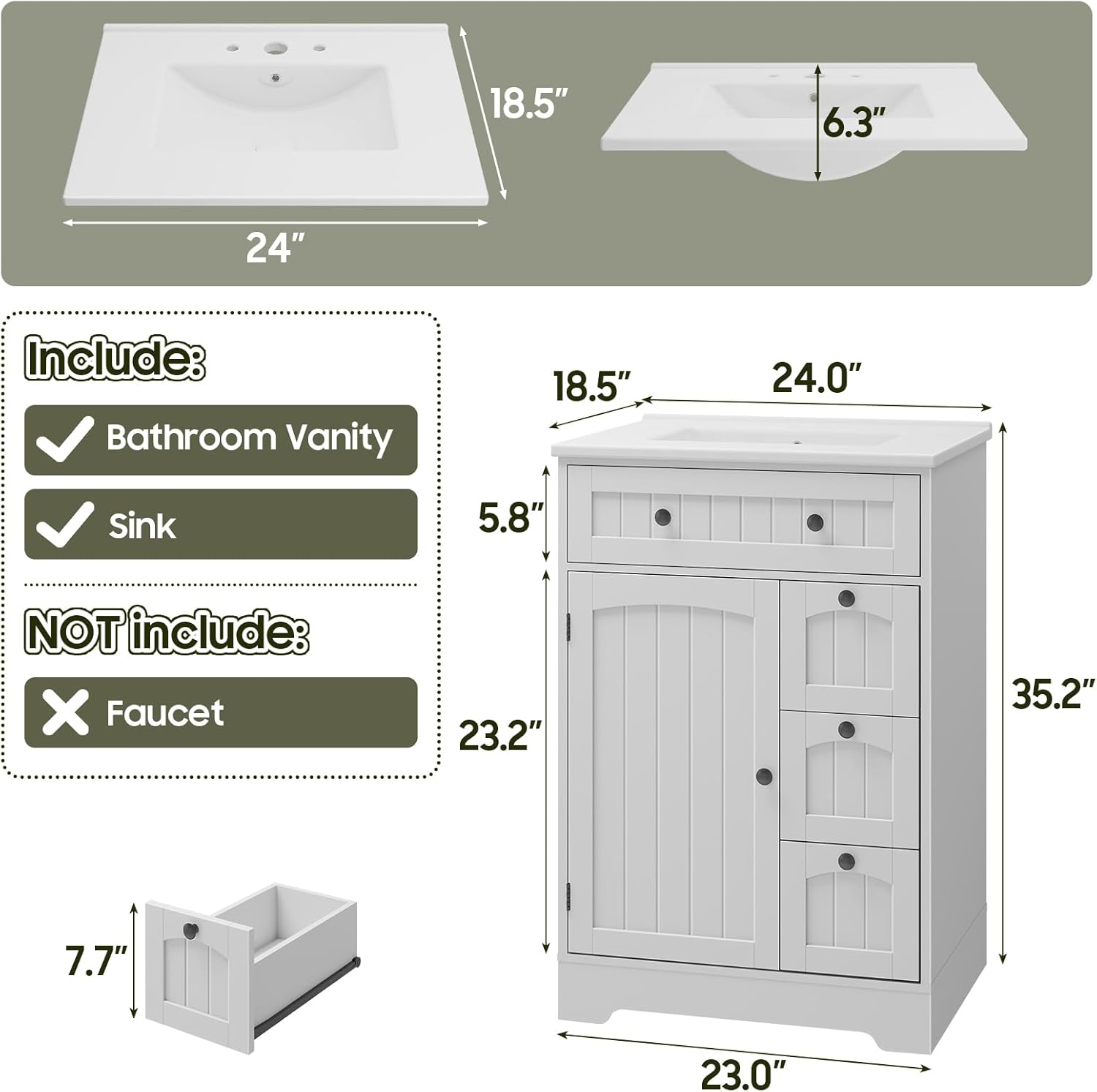 Vabches Bathroom Vanity with Sink Combo, Freestanding Bathroom Storage Cabinet with 4 Drawers and Sliding Door, Vintage Vanity Cabinet with Ceramic Sink, White
