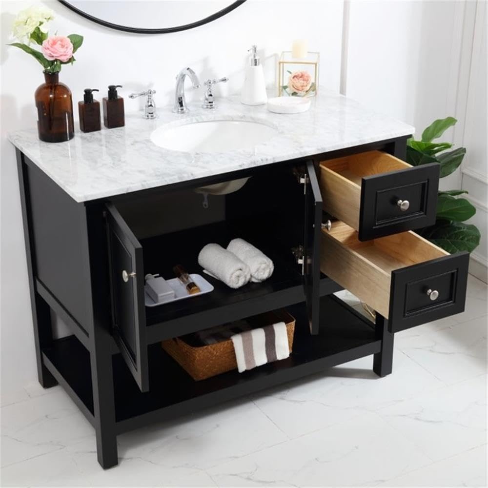 Pemberly Row Contemporary 42' Single Bathroom Vanity, Black Finish, Solid Poplar Wood Base, Carrara White Marble Top, Porcelain Undermount Sink, Soft-Close Drawers, Freestanding Design for Bathroom