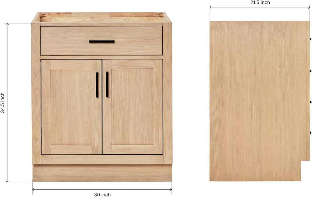 ARIEL Hepburn 30-inch Bathroom Vanity Base Cabinet,Solid Wood, 2 Soft Closing Doors, 1 Dovetail Drawers, White Oak