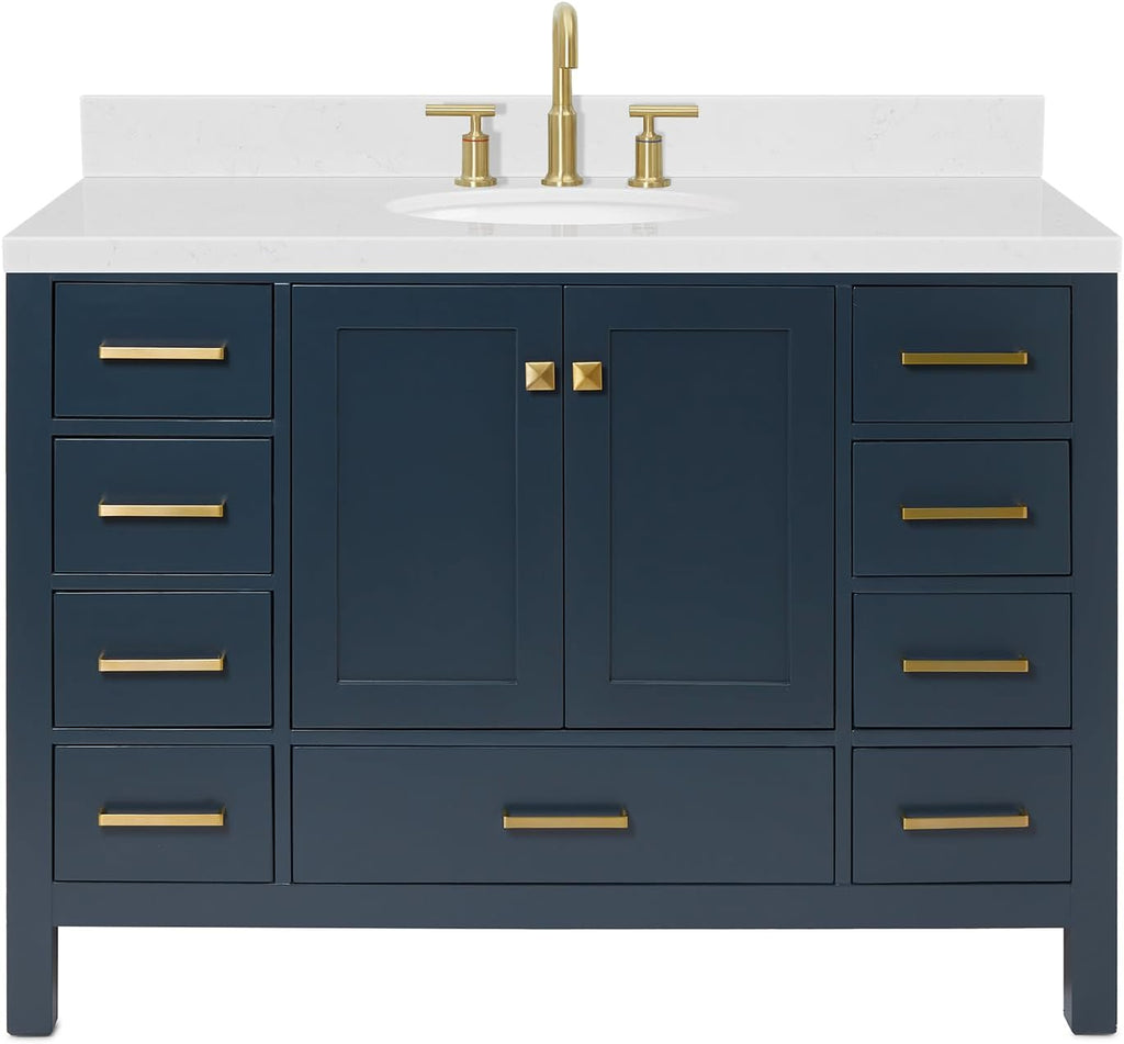 ARIEL Cambridge 48-inch Bathroom Vanity with Sink,Solid Wood, 1.5-inch Carrara White Quartz Countertop, Single Oval Porcelain Sink, 2 Soft Closing Doors, 9 Dovetail Drawers, Midnight Blue