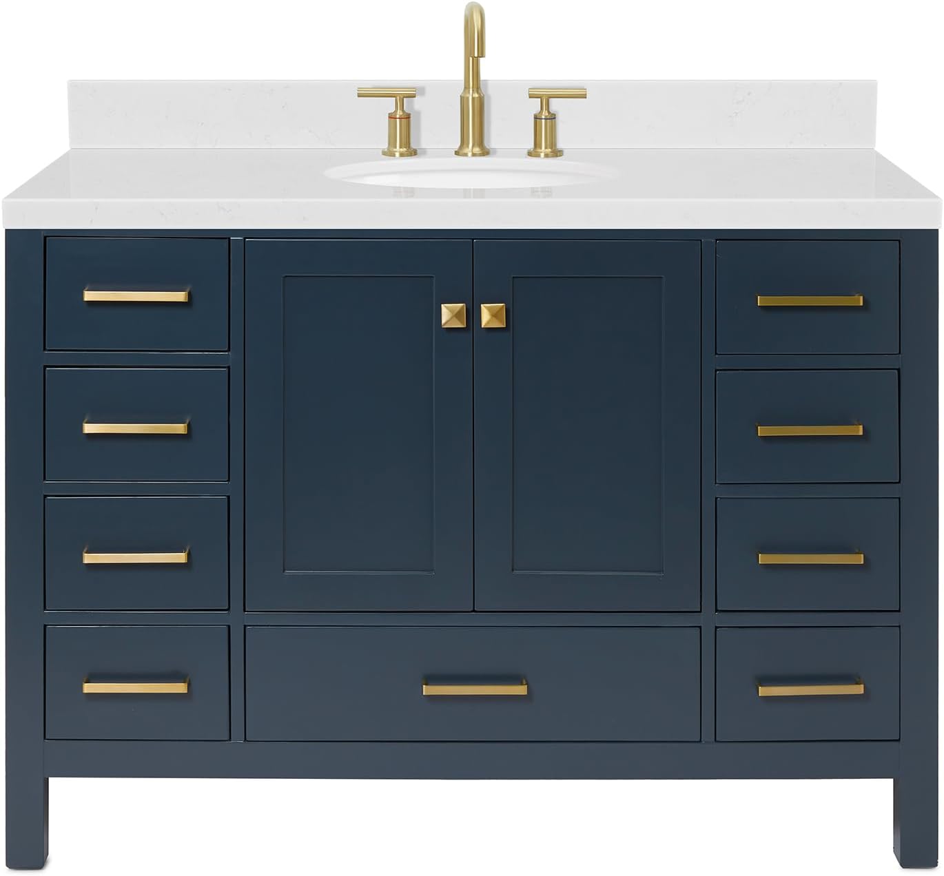 ARIEL Cambridge 48-inch Bathroom Vanity with Sink,Solid Wood, 1.5-inch Carrara White Quartz Countertop, Single Oval Porcelain Sink, 2 Soft Closing Doors, 9 Dovetail Drawers, Midnight Blue