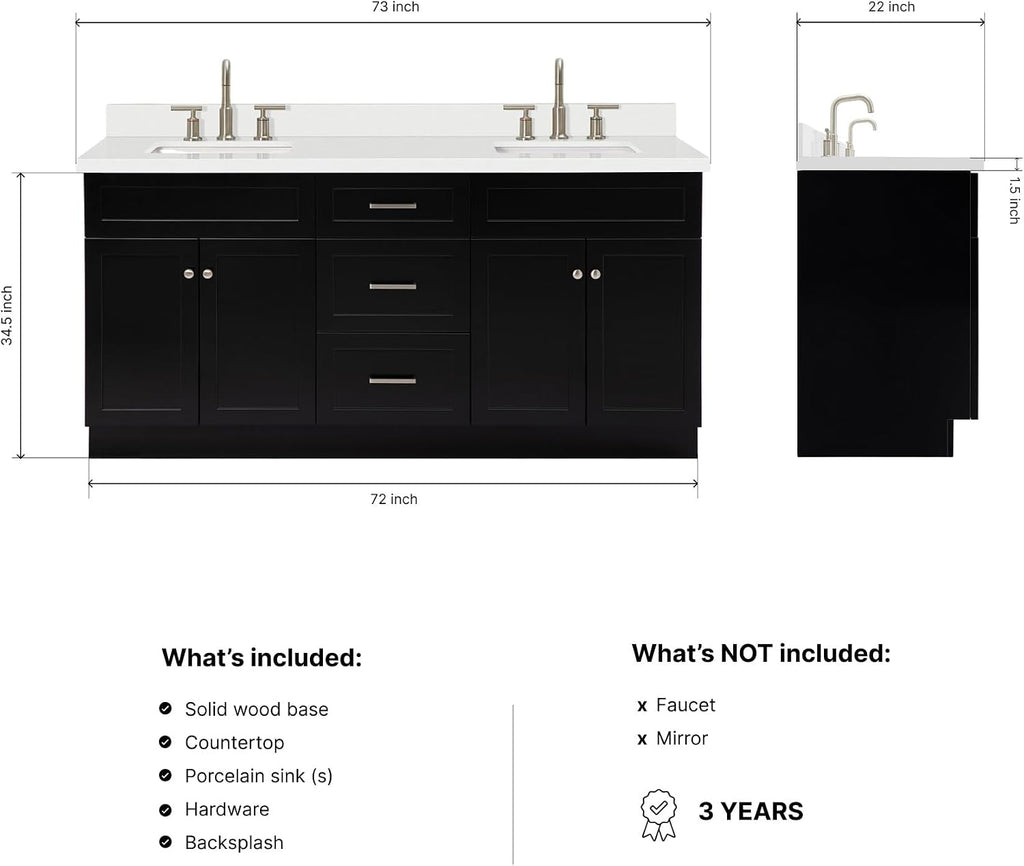 DKB Bradford 72 Inch Bathroom Vanity Double Sink — Black Bathroom Vanity with Sink, 1.5' Edge Pure White Quartz Countertop & Backsplash, 4 Soft-Close Doors, and 3 Dovetail Drawers