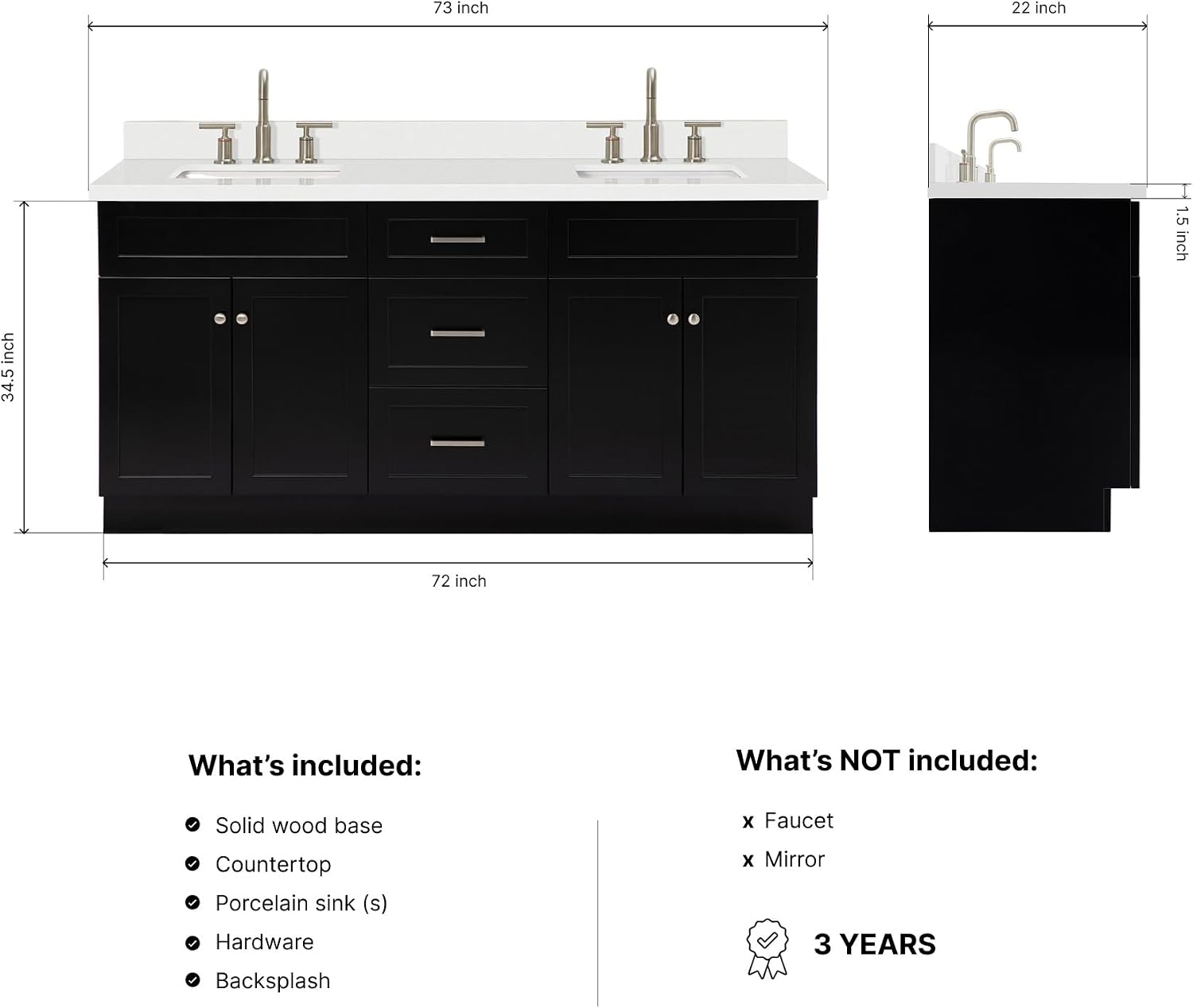 DKB Bradford 72 Inch Bathroom Vanity Double Sink — Black Bathroom Vanity with Sink, 1.5' Edge Pure White Quartz Countertop & Backsplash, 4 Soft-Close Doors, and 3 Dovetail Drawers