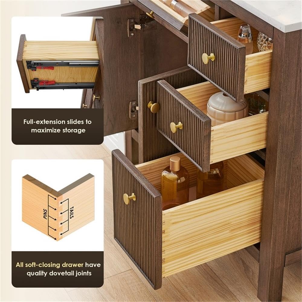 Pemberly Row 60' Wood Bathroom Vanity, Brown Brushed Oak, Fluted Doors, Grain White Engineered Stone Top, Soft-Closing Storage, Ceramic Undermount Sink, Modern Design for Bathroom Elegance
