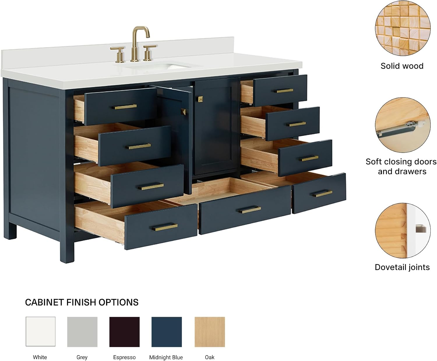 ARIEL Cambridge 66-inch Bathroom Vanity with Sink,Solid Wood, 1.5-inch Pure White Quartz Countertop, Single Rectangular Porcelain Sink, 2 Soft Closing Doors, 9 Dovetail Drawers, Midnight Blue