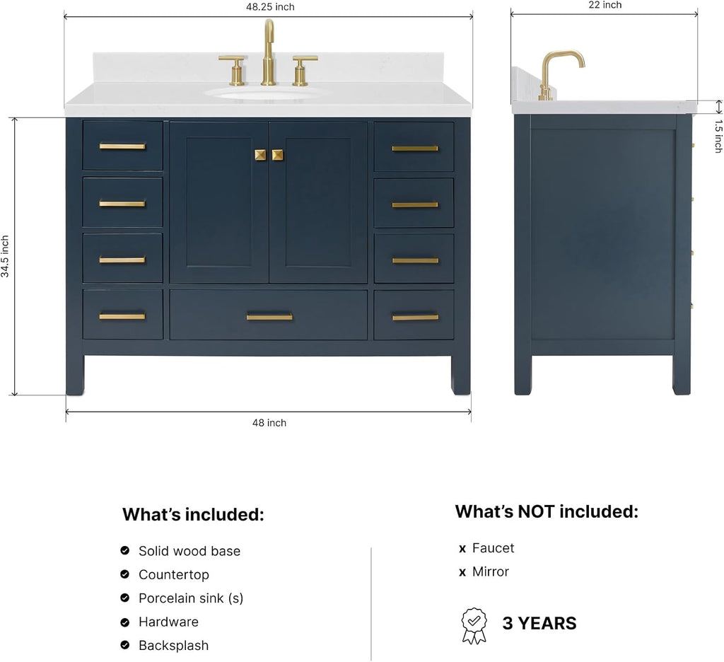 ARIEL Cambridge 48-inch Bathroom Vanity with Sink,Solid Wood, 1.5-inch Carrara White Quartz Countertop, Single Oval Porcelain Sink, 2 Soft Closing Doors, 9 Dovetail Drawers, Midnight Blue