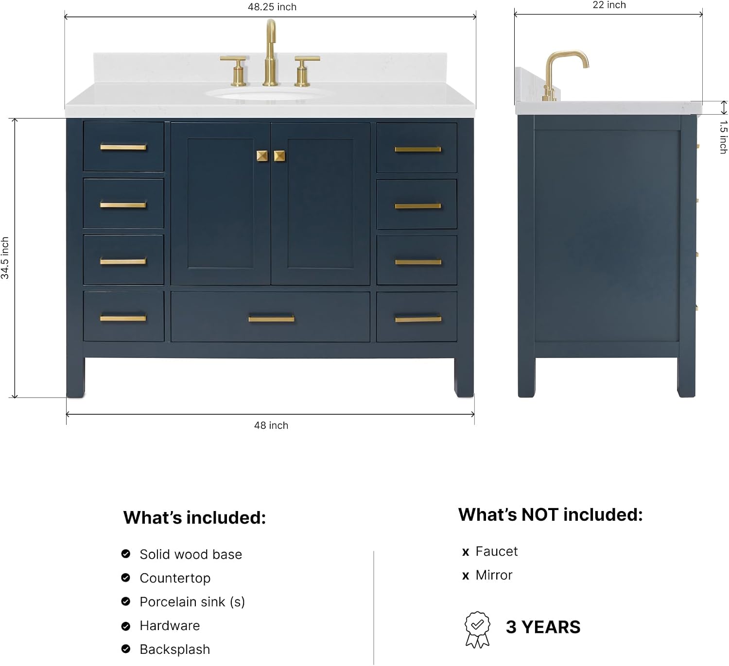 ARIEL Cambridge 48-inch Bathroom Vanity with Sink,Solid Wood, 1.5-inch Carrara White Quartz Countertop, Single Oval Porcelain Sink, 2 Soft Closing Doors, 9 Dovetail Drawers, Midnight Blue
