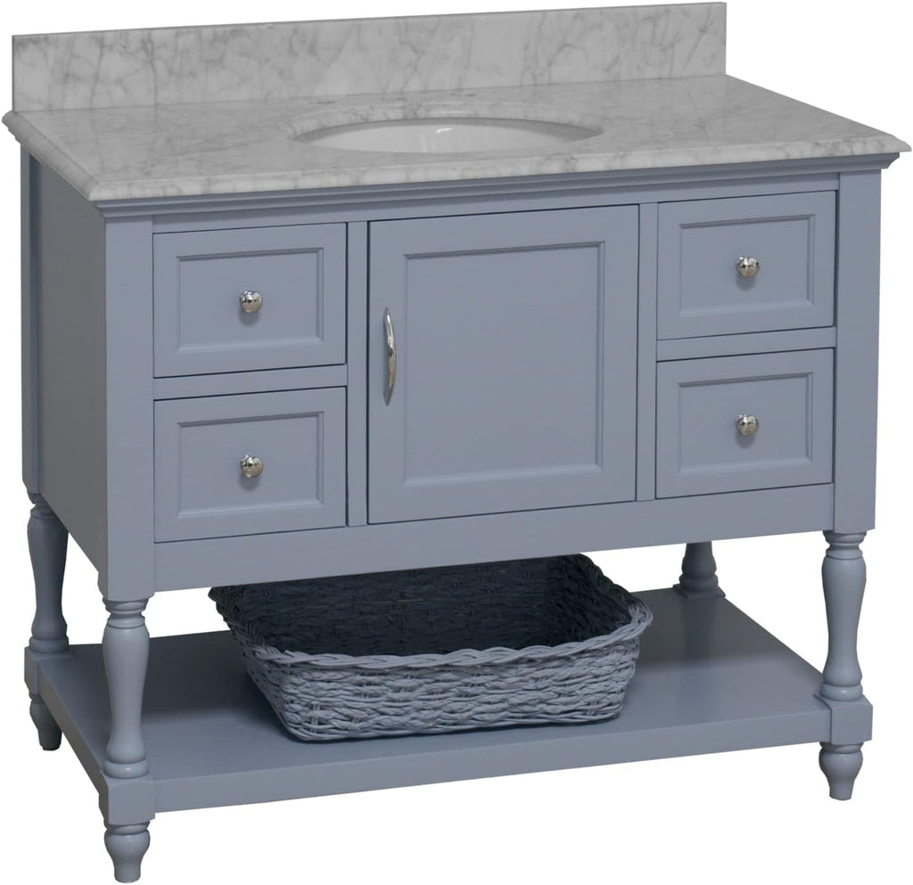 Beverly 42-inch Bathroom Vanity (Carrara/Powder Blue): Includes Powder Blue Cabinet with Authentic Italian Carrara Marble Countertop and White Ceramic Sink