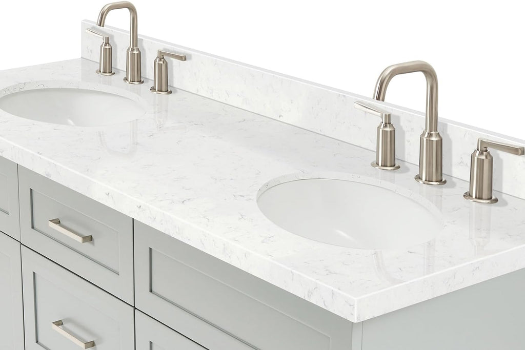ARIEL Hamlet 66-inch Bathroom Vanity with Sink,Solid Wood, 1.5-inch Carrara White Quartz Countertop & Backsplash, Double Oval Porcelain Sink, 4 Soft Closing Doors, 3 Dovetail Drawers, Grey