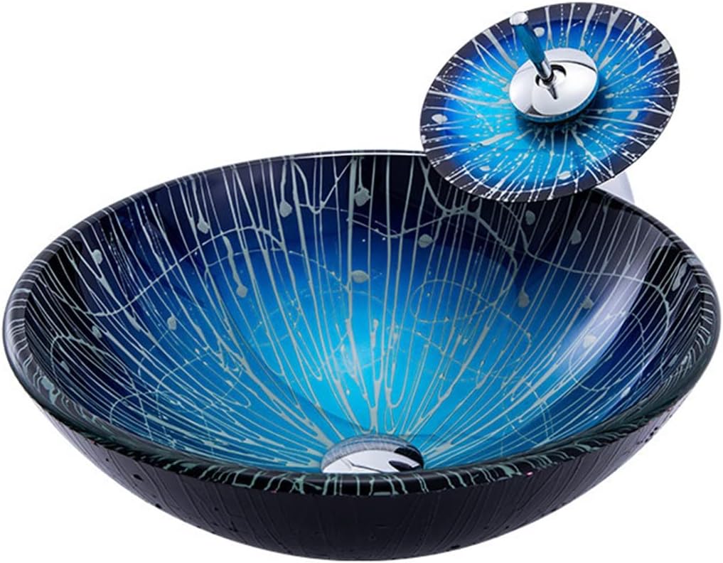 MBROS Tempered Glass Vessel Sink Mediterranean Style Art Wash Basin Counter Top Installation Vanity Sinks with Waterfall Chrome Faucet Combo and Pop Up Sink Drain (Color : Blue, Size : 42x42x14.5c