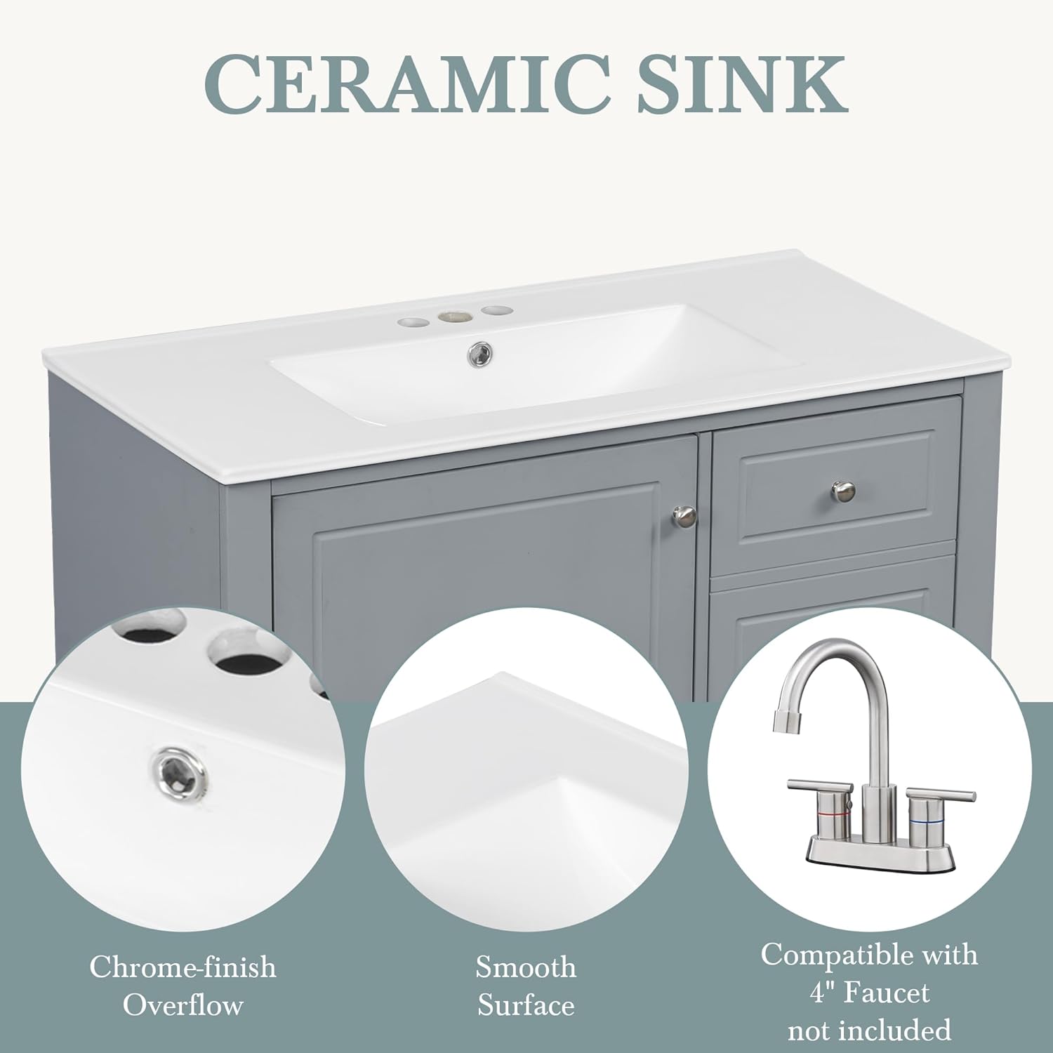 36 Inch Bathroom Vanity with Sink Set, Undermount Vanity Sink Cabinet with 3 Drawers and Door Storage, Soft Closing Door, Wood Frame, Gray