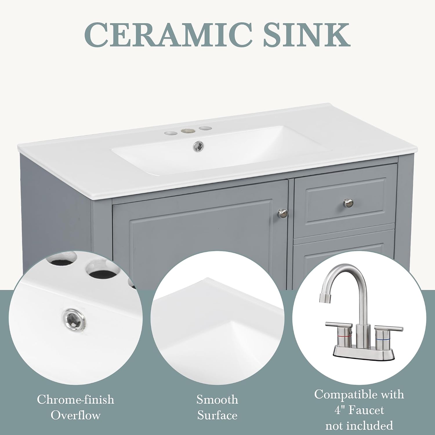 36' Modern Freestanding Bathroom Vanity with Ceramic Sink Top, 3 Drawers & Storage Shelves - MDF & Solid Wood Base