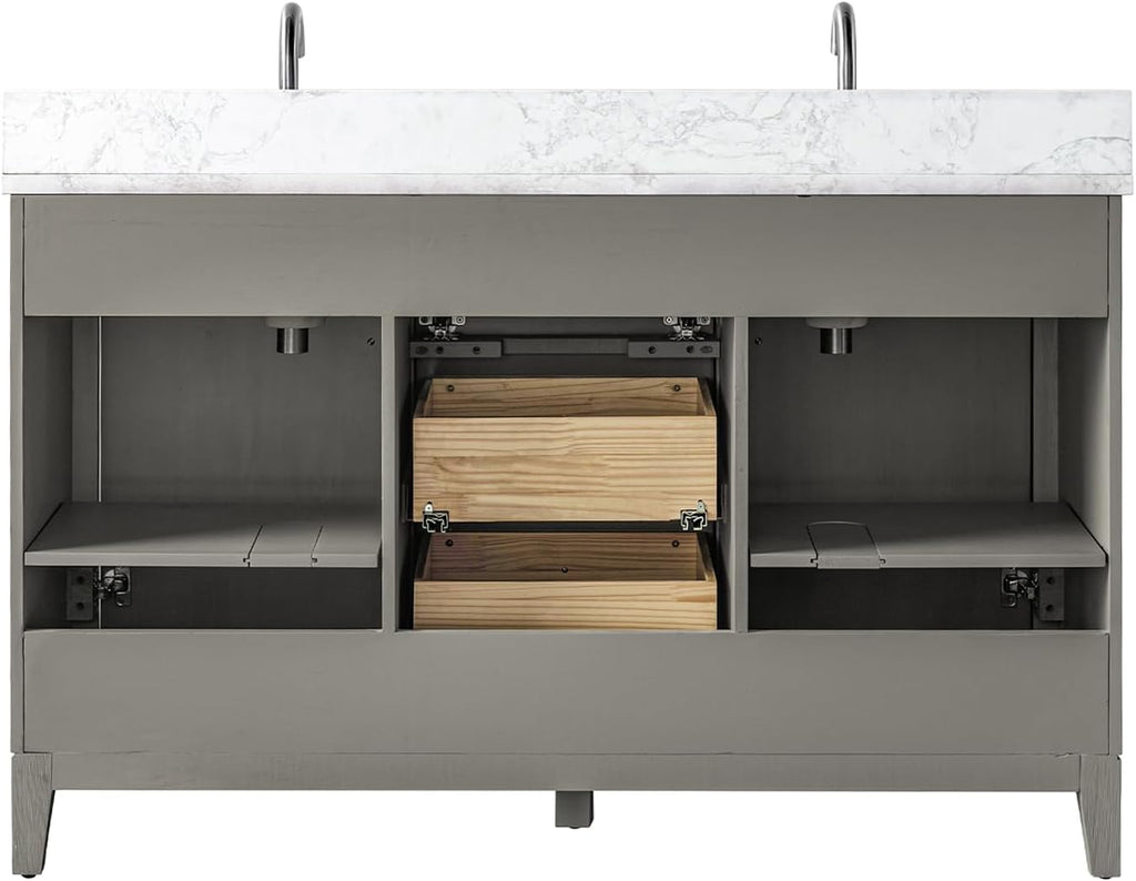 Vanity Art 54' Bathroom Vanity with Double Sink & Arabescato White Engineered Stone Top, Vanity Cabinet with Soft Closing Door, Solid Wood Frame, Brushed Nickel Handles, Driftwood Gray VA8154D-DG-BN