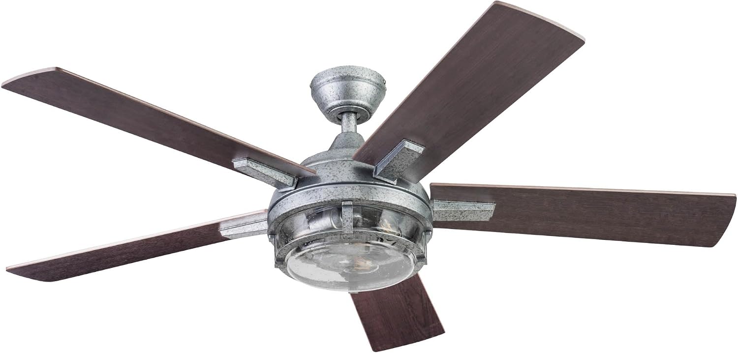 Prominence Home Freyr, 52 Inch Indoor Outdoor LED Ceiling Fan with Light, Remote Control, Dual Mounting Options, 5 Dual Finish Blades, Reversible Motor -51484-01 (Painted Galvanized)