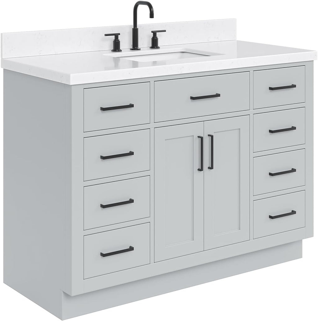 ARIEL Hepburn 48-inch Bathroom Vanity with Sink,Solid Wood, 1.5-inch Carrara White Quartz Countertop & Backsplash, Single Rectangular Porcelain Sink, 2 Soft Closing Doors, 9 Dovetail Drawers, Grey