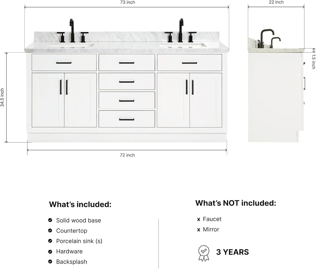 DKB Isabella 72 Inch Bathroom Vanity Double Sink — White Bathroom Vanity with Sink, 1.5' Edge Italian Carrara Marble Countertop & Backsplash, 4 Soft-Close Doors, 4 Dovetail Drawers, and 2 Tilt Drawers