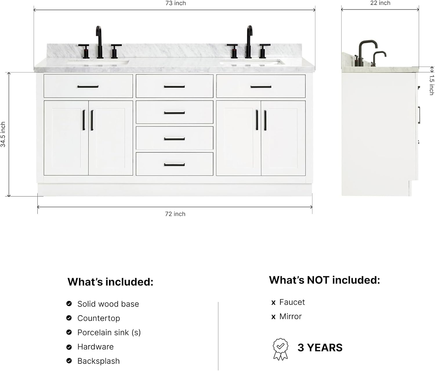 DKB Isabella 72 Inch Bathroom Vanity Double Sink — White Bathroom Vanity with Sink, 1.5' Edge Italian Carrara Marble Countertop & Backsplash, 4 Soft-Close Doors, 4 Dovetail Drawers, and 2 Tilt Drawers