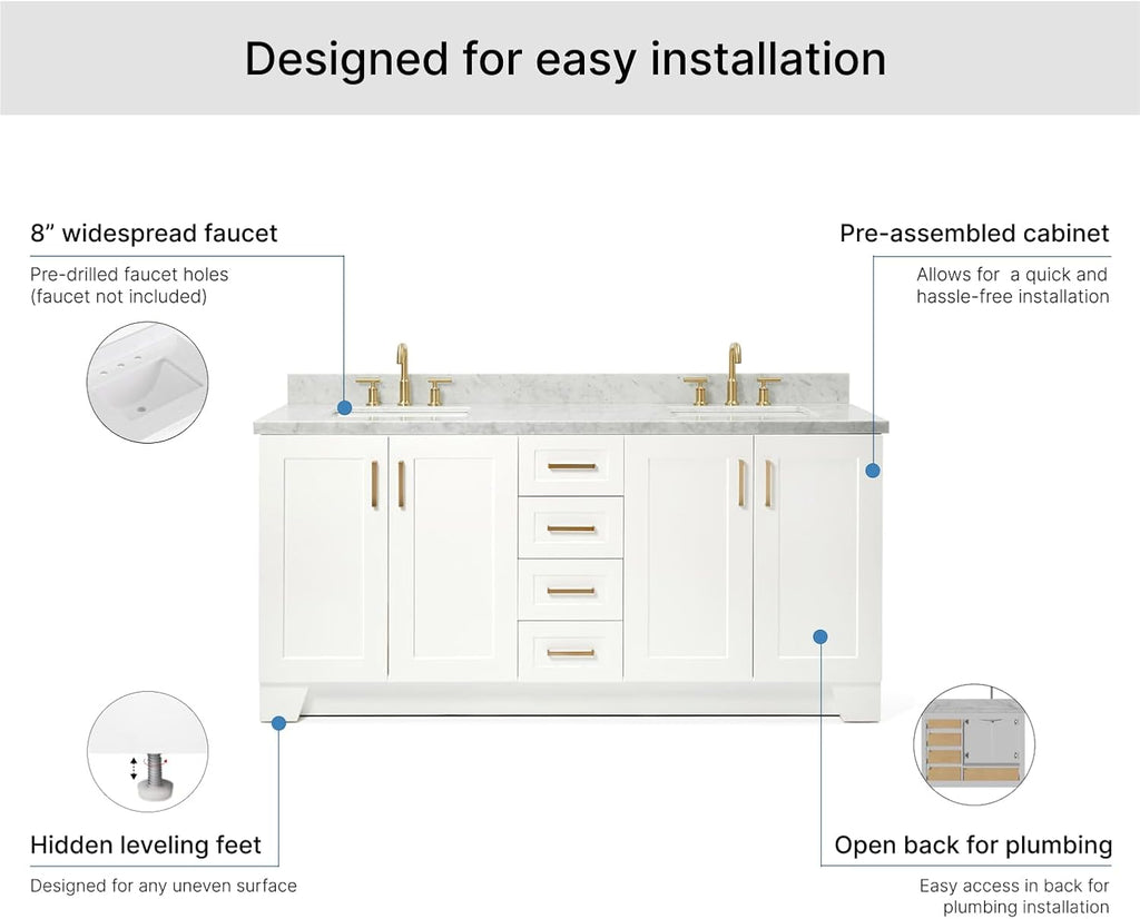 ARIEL Taylor 72-inch Bathroom Vanity with Sink,Solid Wood, 1.5-inch Italian Carrara Marble Countertop, Double Rectangular Porcelain Sink, 4 Soft Closing Doors, 6 Dovetail Drawers, White