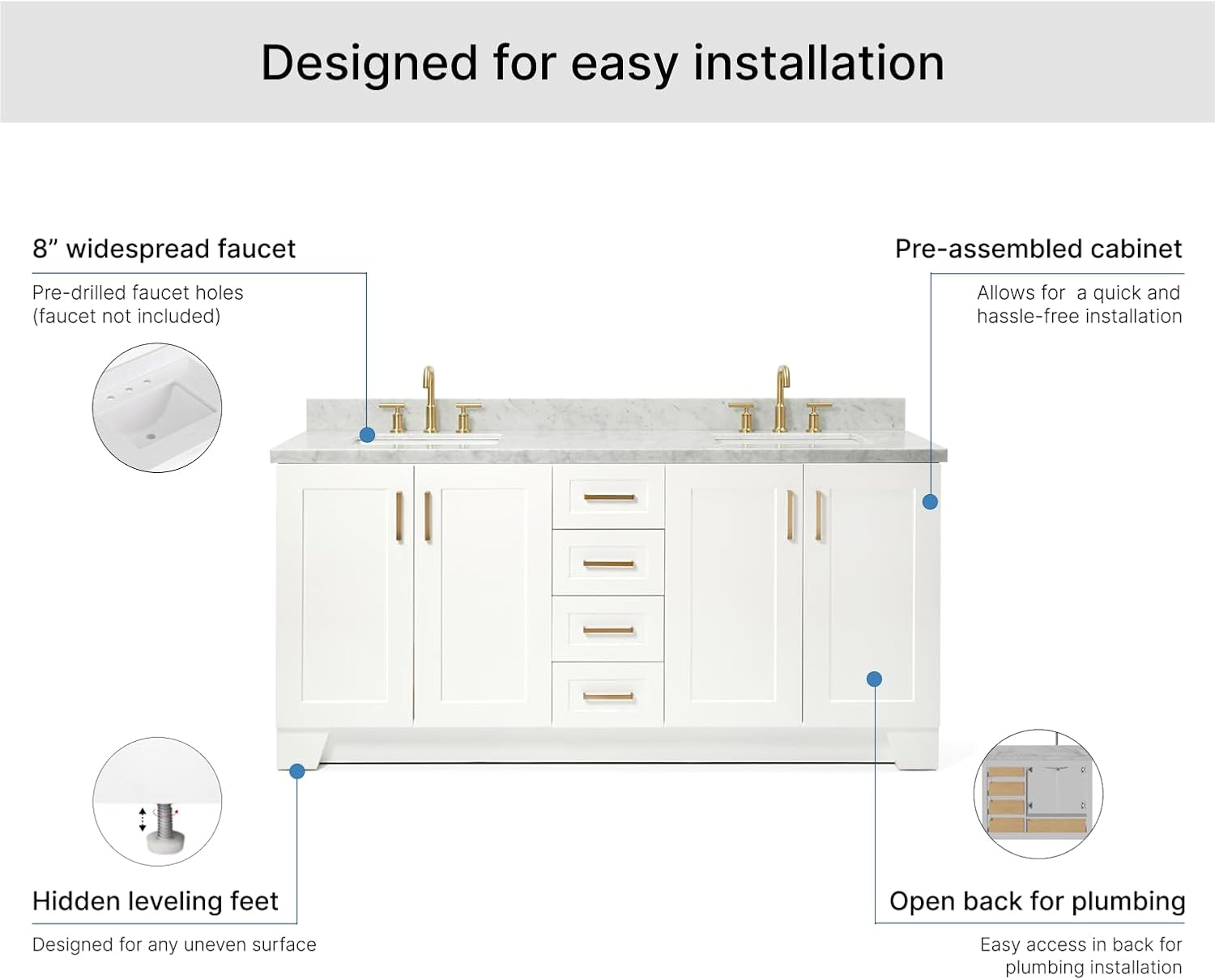 ARIEL Taylor 72-inch Bathroom Vanity with Sink,Solid Wood, 1.5-inch Italian Carrara Marble Countertop, Double Rectangular Porcelain Sink, 4 Soft Closing Doors, 6 Dovetail Drawers, White