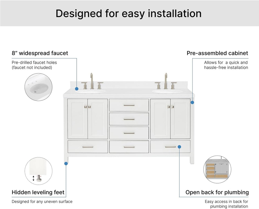 ARIEL Cambridge 66-inch Bathroom Vanity with Sink,Solid Wood, 1.5-inch Carrara White Quartz Countertop & Backsplash, Double Oval Porcelain Sink, 4 Soft Closing Doors, 6 Dovetail Drawers, White