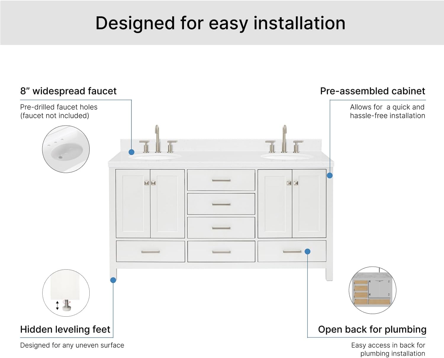 ARIEL Cambridge 66-inch Bathroom Vanity with Sink,Solid Wood, 1.5-inch Carrara White Quartz Countertop & Backsplash, Double Oval Porcelain Sink, 4 Soft Closing Doors, 6 Dovetail Drawers, White