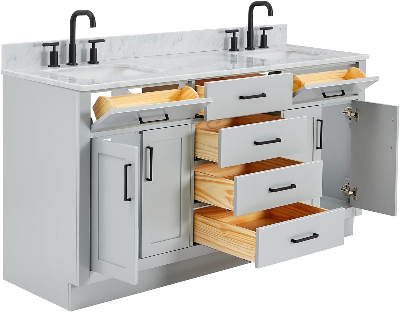 ARIEL Hepburn 66-inch Bathroom Vanity with Sink,Solid Wood, 0.75-inch Italian Carrara Marble Countertop, Double Rectangular Porcelain Sink, 4 Soft Closing Doors, 6 Dovetail Drawers, Grey