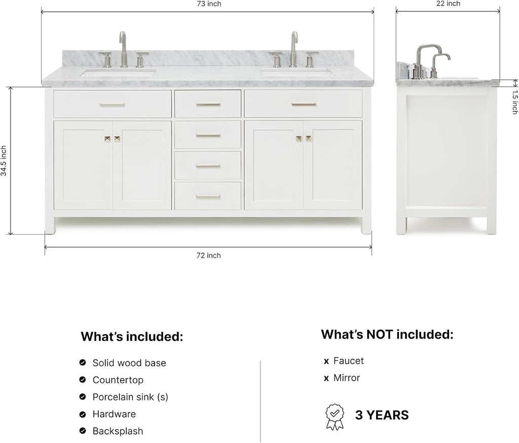 DKB Alenza 72 Inch Bathroom Vanity Double Sink — White Bathroom Vanity with Sink, 1.5' Edge Italian Carrara Marble Countertop & Backsplash, 4 Soft-Close Doors, 4 Dovetail Drawers