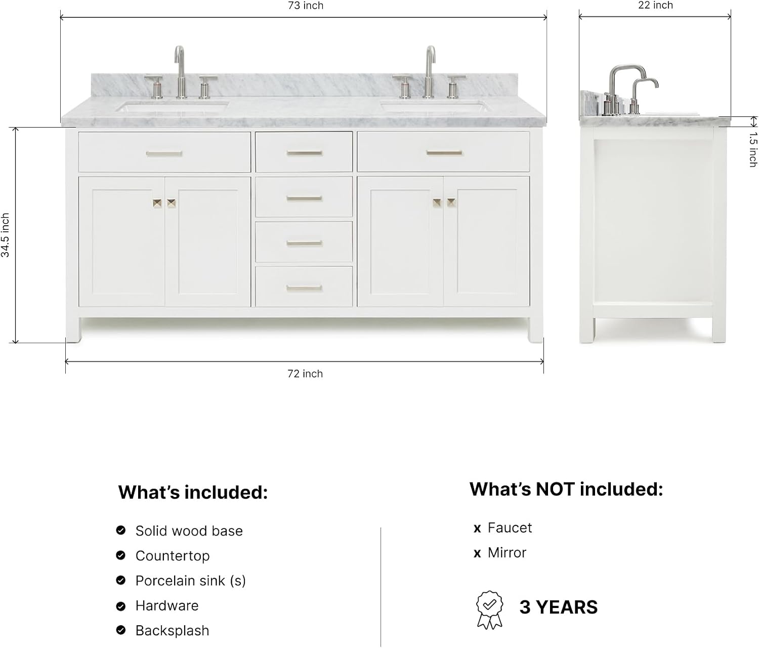 DKB Alenza 72 Inch Bathroom Vanity Double Sink — White Bathroom Vanity with Sink, 1.5' Edge Italian Carrara Marble Countertop & Backsplash, 4 Soft-Close Doors, 4 Dovetail Drawers