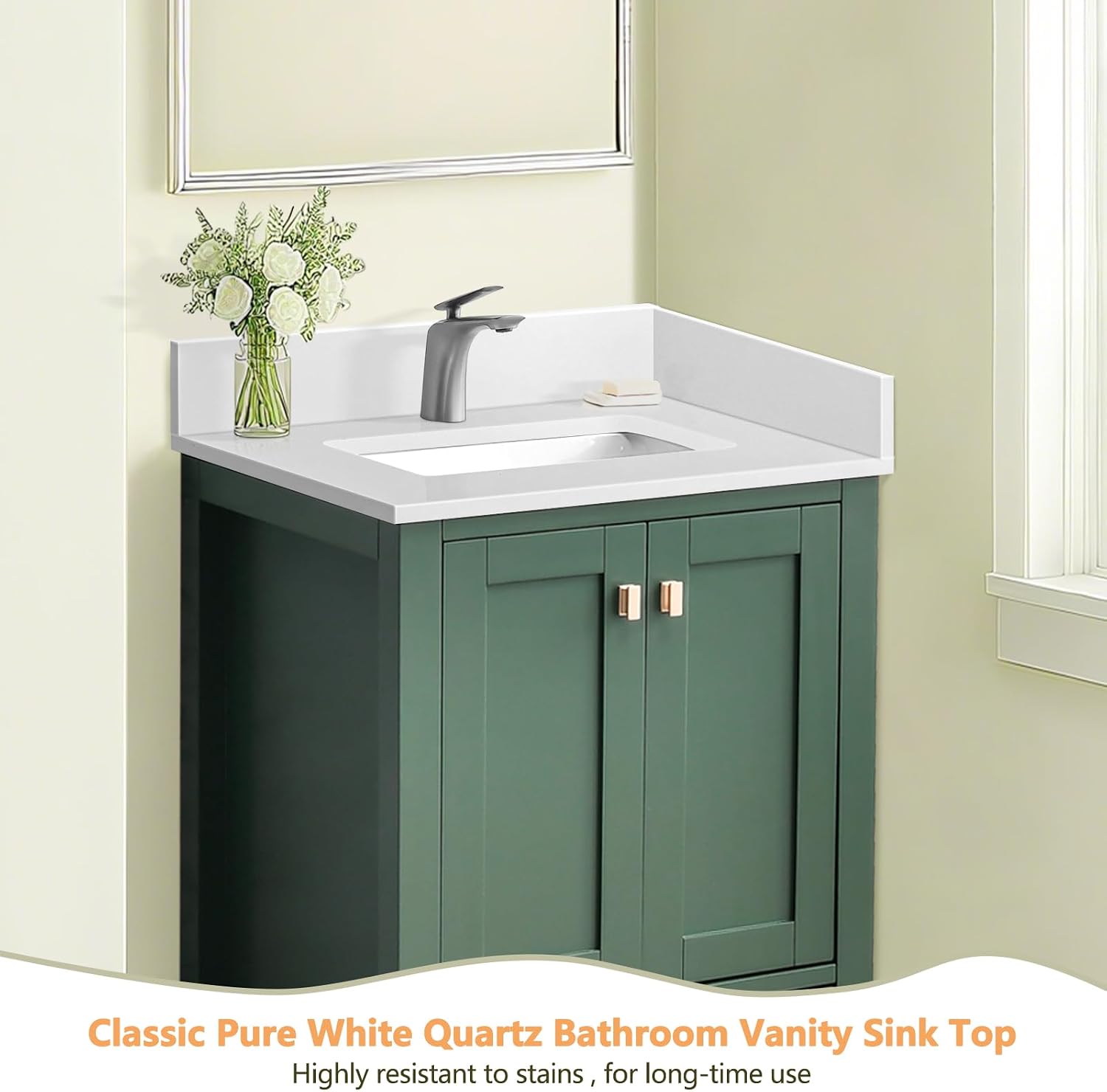 24' x 22' Vanity Top, Quartz Vanity Sink Top in Pure White, with One Sidesplash & One Backsplash, with Undermounted Rectangular Sink,Single Faucet Hole for Vanity Top with Sink