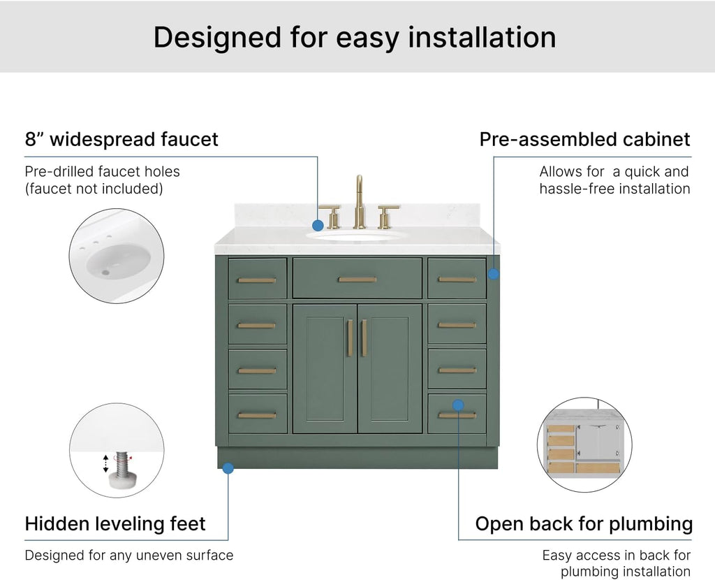 DKB Isabella 42-inch Vintage Green Bathroom Vanity with Center Oval Single Sink, Carrara White Quartz Countertop & Backsplash, Solid Wood Frame, Soft-Closing & Dovetail Drawers