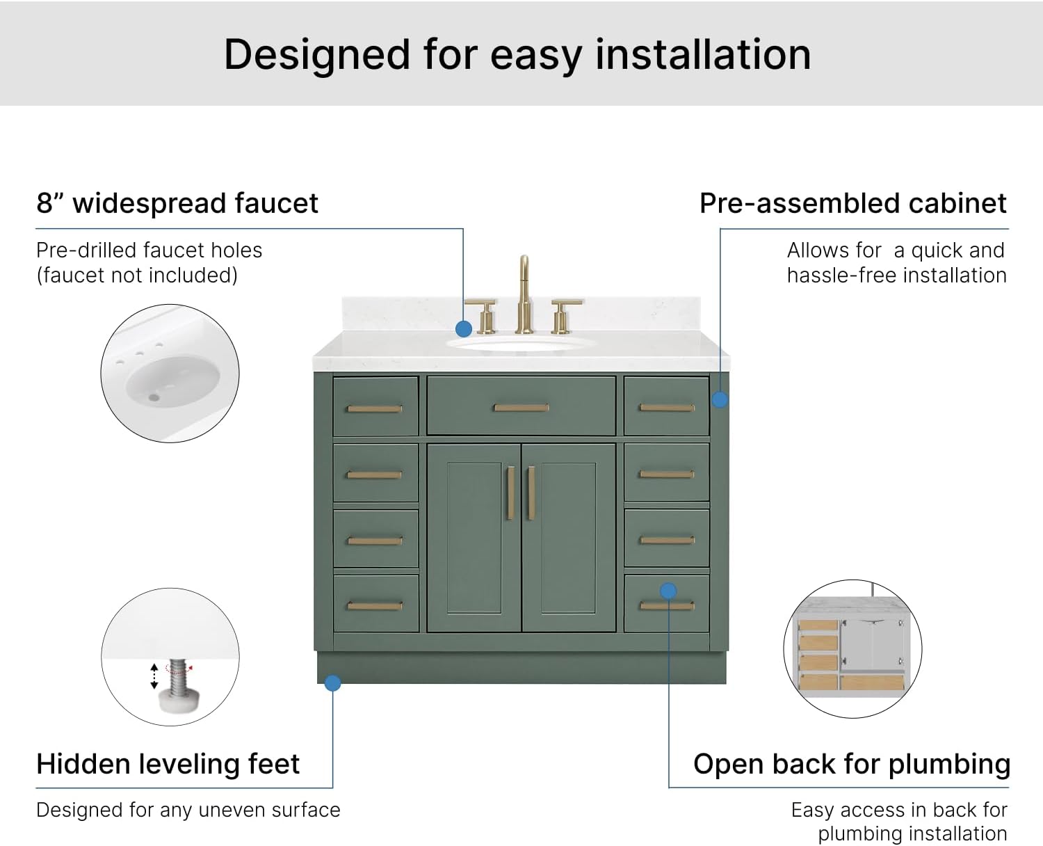 DKB Isabella 42-inch Vintage Green Bathroom Vanity with Center Oval Single Sink, Carrara White Quartz Countertop & Backsplash, Solid Wood Frame, Soft-Closing & Dovetail Drawers