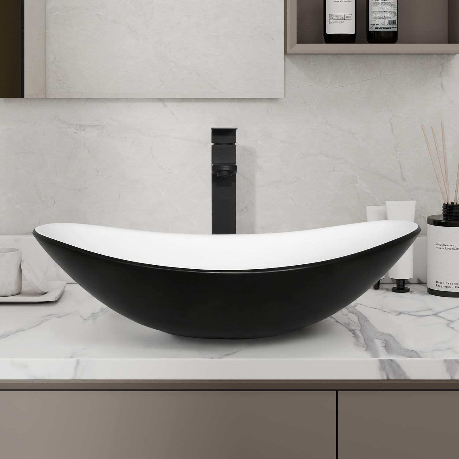 36 Inch Black Floating Bathroom Vanity with 2-Doors and 1-Drawer, Modern Wall Mounted Cabinet with Black and White Boat Ceramic Vessel Sink