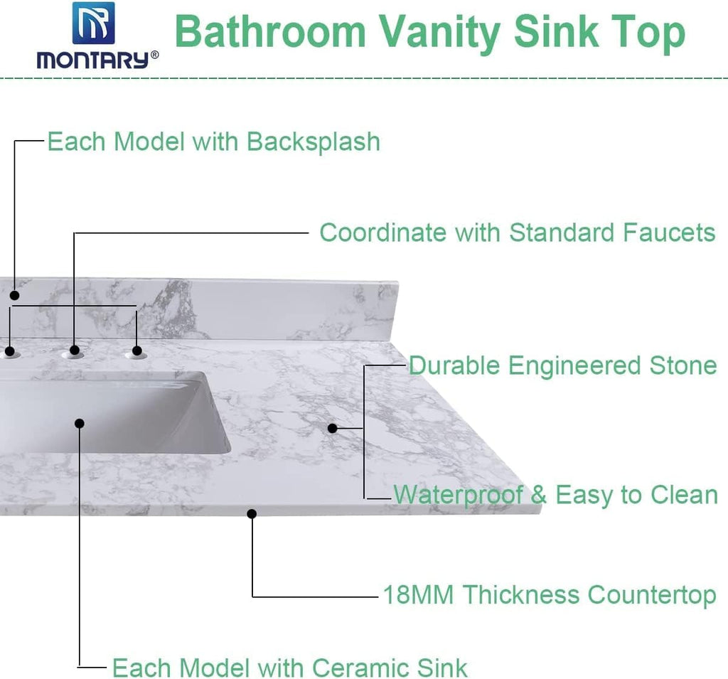 Marble White Stone Vanity Top - 37 Inch Vanity Sink Tops, Gorgeous Counter top with Ceramic Sink & Backsplash for Bathroom Kitchen, No Cabinet