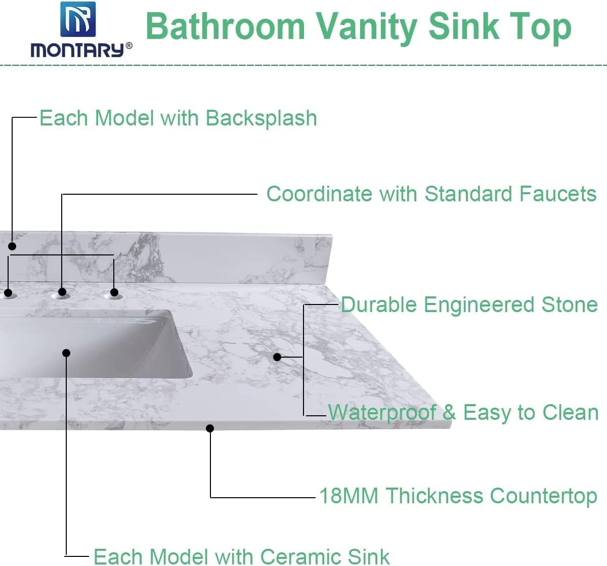 Marble White Stone Vanity Top - 37 Inch Vanity Sink Tops, Gorgeous Counter top with Ceramic Sink & Backsplash for Bathroom Kitchen, No Cabinet