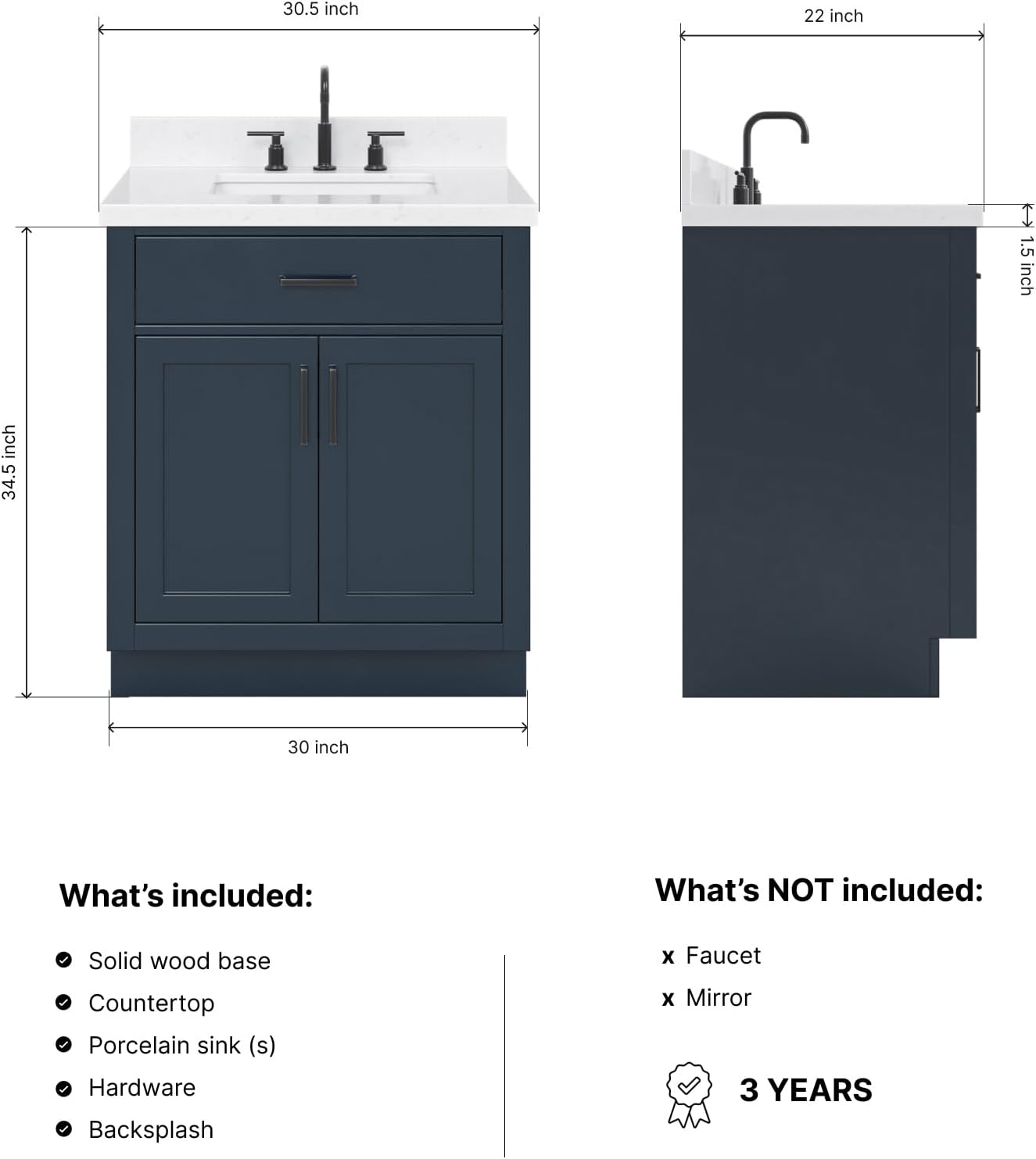 ARIEL Hepburn 30-inch Bathroom Vanity with Sink,Solid Wood, 1.5-inch Carrara White Quartz Countertop, Single Rectangular Porcelain Sink, 2 Soft Closing Doors, 1 Dovetail Drawers, Midnight Blue