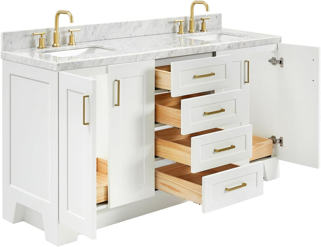 ARIEL Taylor 66-inch Bathroom Vanity with Sink,Solid Wood, 1.5-inch Italian Carrara Marble Countertop, Double Rectangular Porcelain Sink, 4 Soft Closing Doors, 5 Dovetail Drawers, White