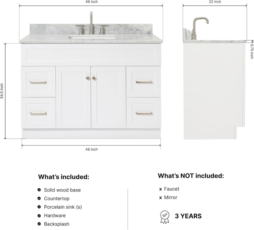 ARIEL Hamlet 48-inch Bathroom Vanity with Sink,Solid Wood, 0.75-inch Italian Carrara Marble Countertop, Single Rectangular Porcelain Sink, Soft Closing Doors, Dovetail Drawers, White