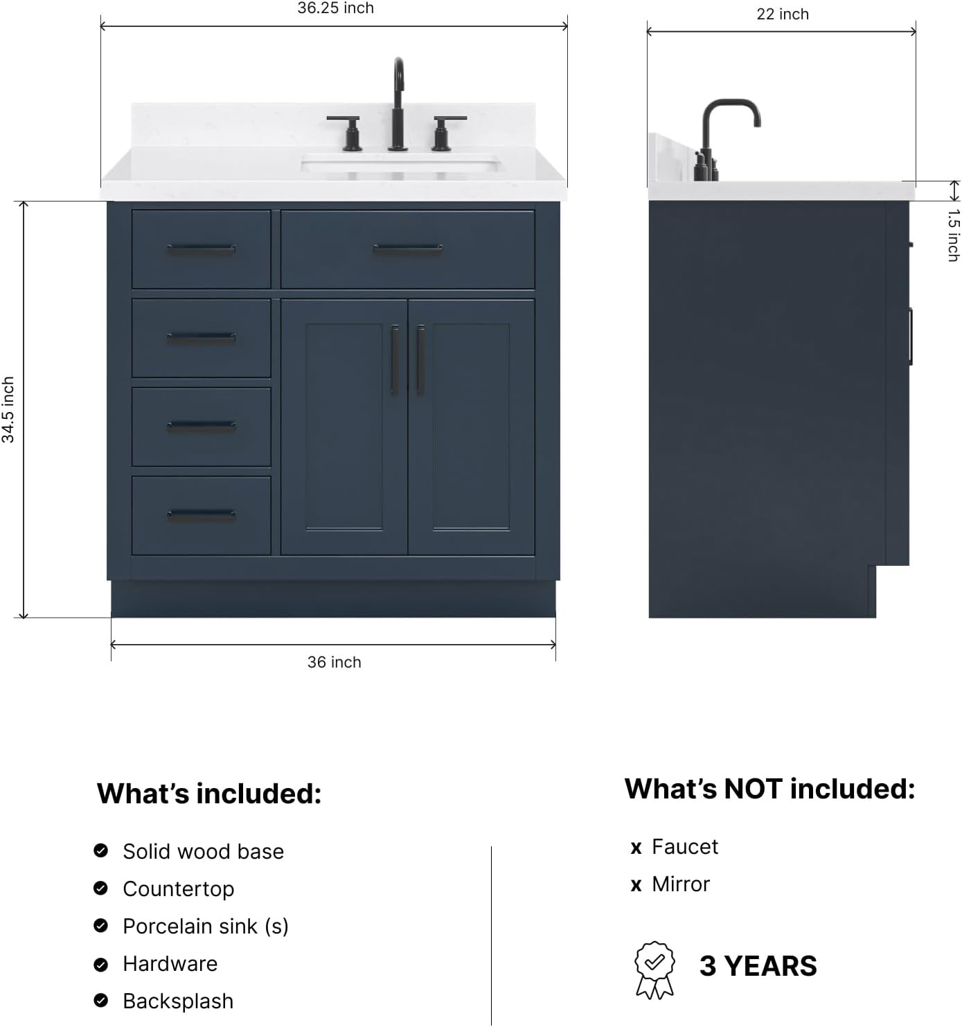 ARIEL Hepburn 36-inch Bathroom Vanity with Sink,Solid Wood, 1.5-inch Carrara White Quartz Countertop, Single Rectangular Porcelain Sink, 2 Soft Closing Doors, 5 Dovetail Drawers, Midnight Blue