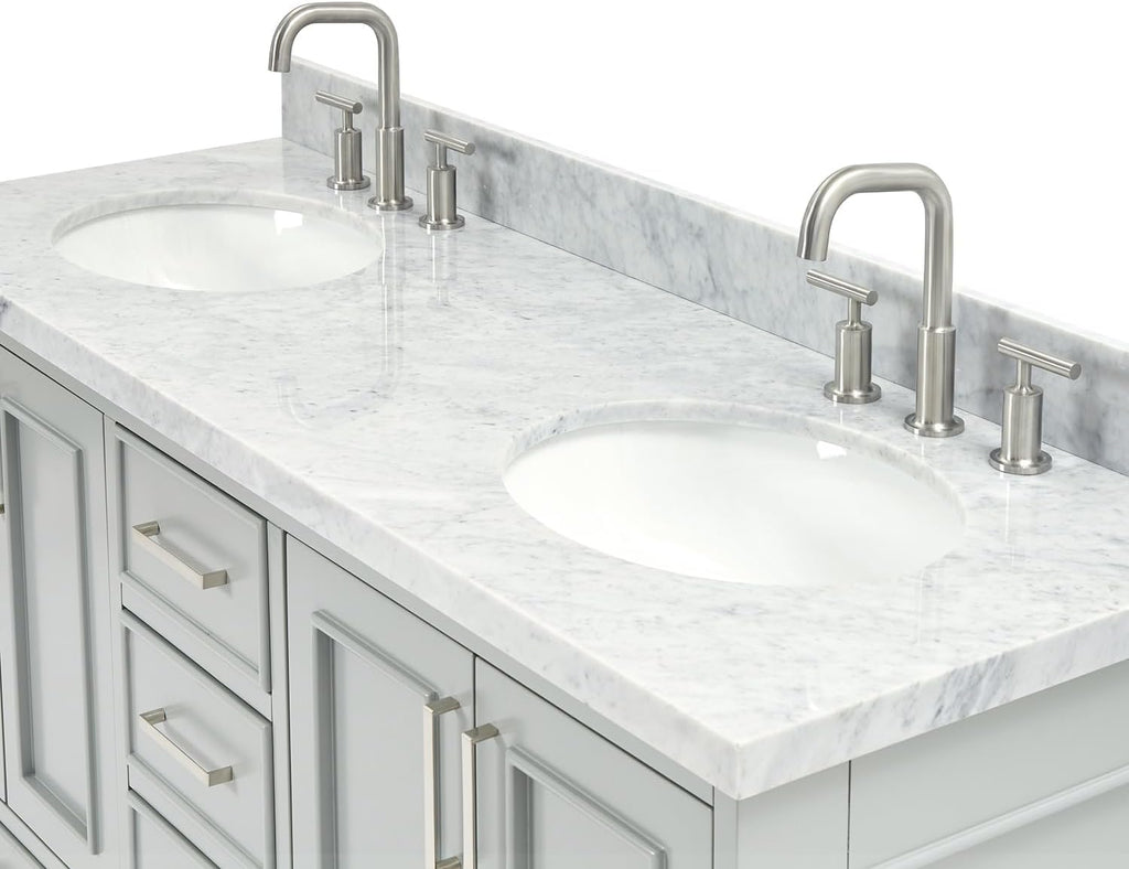 ARIEL Stafford 60-inch Bathroom Vanity with Sink,Solid Wood, 1.5-inch Italian Carrara Marble Countertop & Backsplash, Double Oval Porcelain Sink, 4 Soft Closing Doors, 6 Dovetail Drawers, Grey