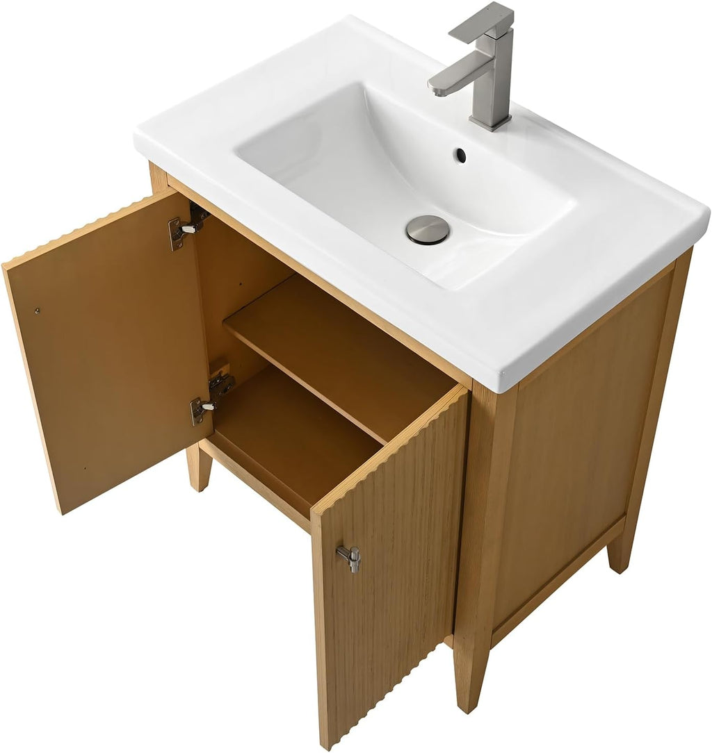 HOMEBEYOND 30' Bathroom Vanity with Ceramic Sink, Solid Wood Free-Standing Vanities Cabinet, Ceramic Top, Golden Brushed Handware & Soft Closing Door, Natural Oak