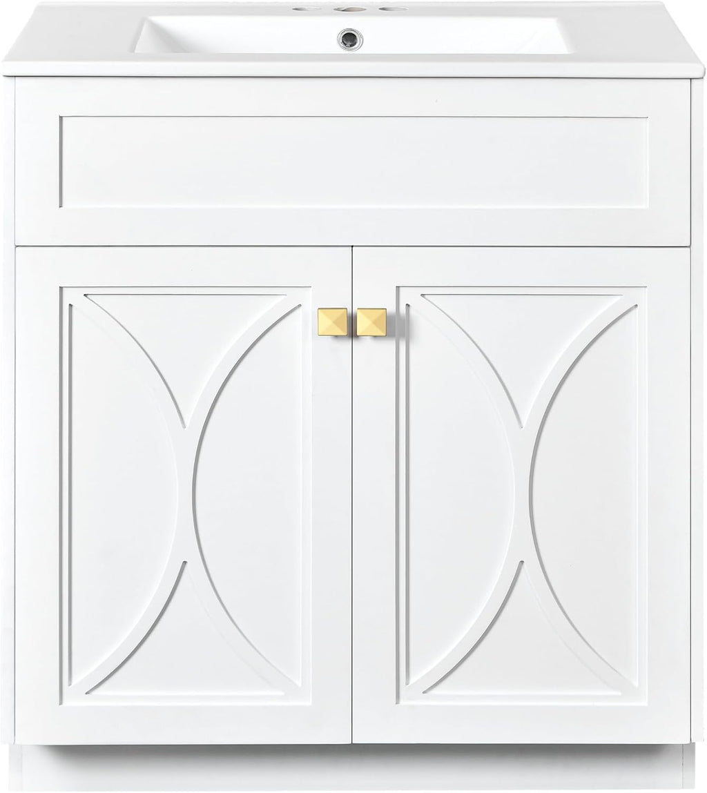 30 Inch White Bathroom Vanity with Sink,Modern Freestanding Bathroom Vanity with Storage Rack,Intergrated Countertop,Gold Handles,Elegant Soft Closing Doors(Ceramic Sink)