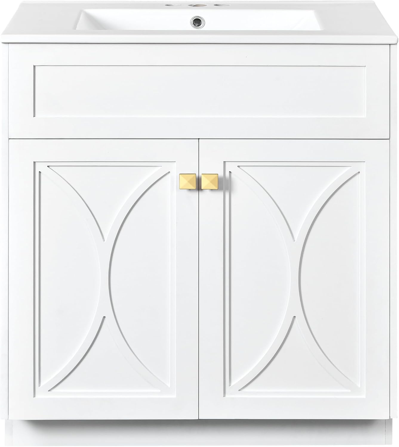 30 Inch White Bathroom Vanity with Sink,Modern Freestanding Bathroom Vanity with Storage Rack,Intergrated Countertop,Gold Handles,Elegant Soft Closing Doors(Ceramic Sink)